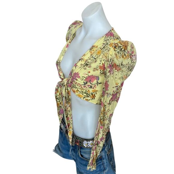 Hemant and Nandita Yellow Floral Crop Top XS Hippie Gypsy Plunging Princess $238 - Picture 7 of 11